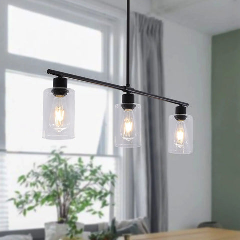 Three Light Modern Kitchen Island Pendant Light With Glass Shades Slick Black Metal Finish Rustic Farmhouse Chandelier