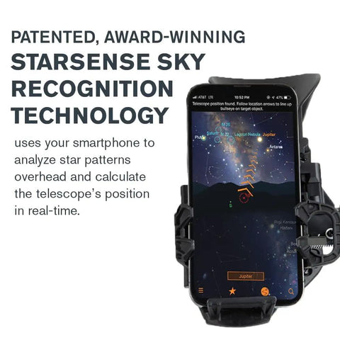 StarSense Explorer 8 Inch App Enabled Telescope with 203mm Dobsonian Mount and smartphone displaying StarSense app.