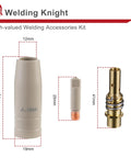 Premium Welding Knight 10 Piece Kit Features Non Stick Coated Ceramic Nozzles And Contact Tips For.035" Wire showing ceramic nozzle, copper tip, and gas diffuser.