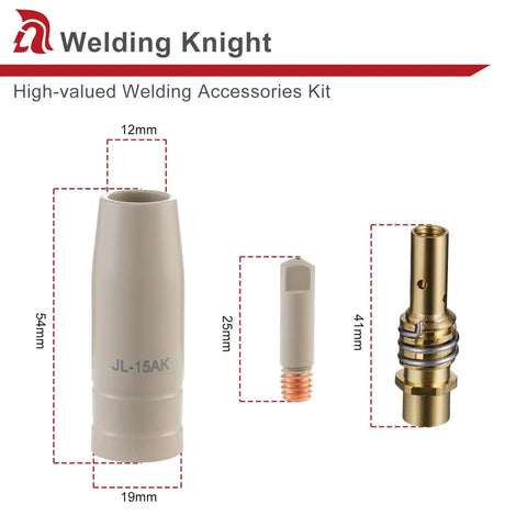Premium Welding Knight 10 Piece Kit Features Non Stick Coated Ceramic Nozzles And Contact Tips For.035" Wire showing ceramic nozzle, copper tip, and gas diffuser.