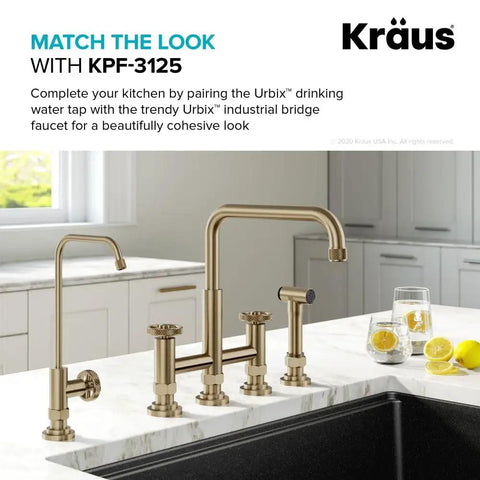 Urbix Standalone On-Demand Lead-Free Kitchen Water Filter Faucet in Brushed Gold beside sink in modern kitchen