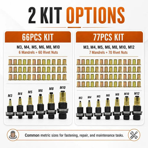 Workhorse Carbon Steel Rivet Nut Tool Set With Mandrels And Nuts, M3 To M10 66 Piece Kit Or M3 To M12 77 Piece Kit, Ideal For Installation, Fastening, Maintenance And Repair Projects. 2 kit options