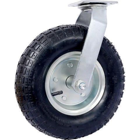 Four Pack Of Black Pneumatic Caster Wheels Combining 12 Inch Ribbed Tires And Precision Ball Bearings For Heavy Duty Swivel Rigid Applications That Handle Rough Floors Like A Total Champ