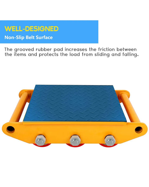 Heavy Duty Machine Skates 33000 Lbs Capacity Dolly With Anti-Slip Belt close-up view of non-slip surface and wheels.