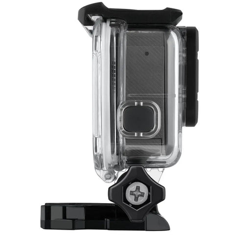 Side view of Super Suit Dive Housing For HERO7 HERO6 HERO5 Clear One Size with two waterproof backdoors, showcasing durable design.