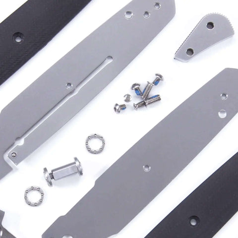 M63 DIY Folding Knife Kit With Dual Bearing Flipper Parts Kit Black G10 Handle Scales Gift Box Included USA Design Beginner Friendly Pro Grade Feel For Hobbyists And Knife Makers, assembly parts shown with screws, bearings, and blade components.