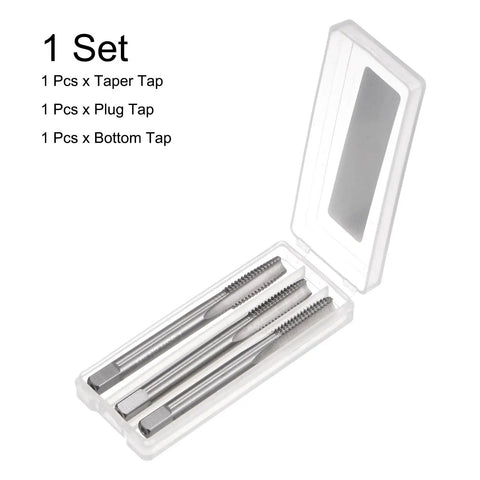 3 Piece Metric Hand Tap Set M8 X 1.25 Taper Plug Bottom Screw Taps High Speed Steel in a clear case, ideal for repairs.