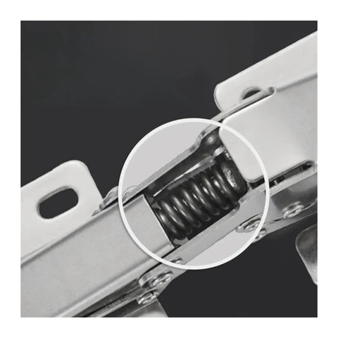 Close-up of Stainless Steel Cabinet Hinges No Drill Flush Mount Concealed Buffer mechanism with quiet close feature.