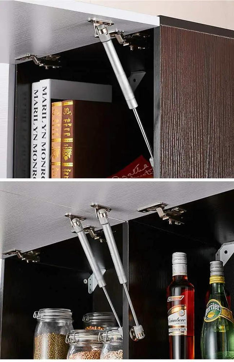 Gas Strut Cabinet Lid Support Kit For Soft Close Cabinet Doors 150N 33lb 15kg 2 Pack Easy Install Lift System shown installed