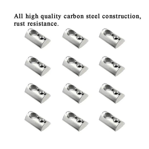 Pack Of Twelve Heavy Duty M8 T Slot Nuts Featuring Super Grippy Spring Ball Loaded Heads, carbon steel, arranged in neat rows.