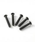 Rock Solid Flat Head Machine Screws M2.5 X 6Mm 50 Pack Black Oxide 304 Stainless Steel in a cluster on white background.