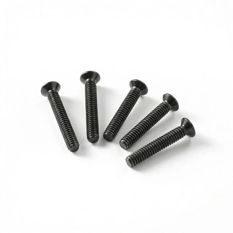 Rock Solid Flat Head Machine Screws M2.5 X 6Mm 50 Pack Black Oxide 304 Stainless Steel in a cluster on white background.