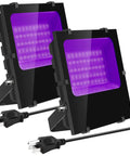 Two 200W LED Black Light Flood Lights 395nm Outdoor IP66 Waterproof UV Glow Lights for parties, angled view with cables visible