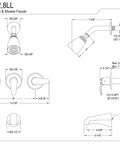 Technical diagram of Legacy Tub And Shower Faucet In Brushed Nickel 5 Inch Spout Reach Wall Mount Solid Brass, spout and handle dimensions.