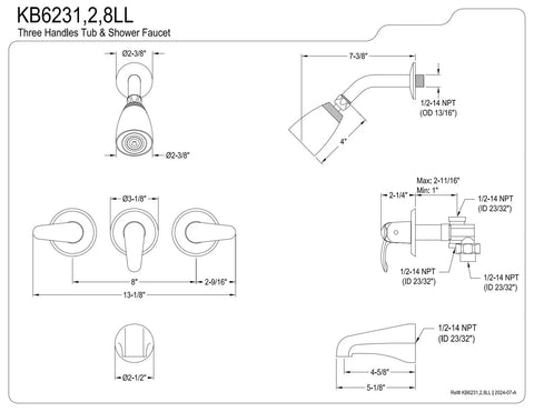 Technical diagram of KB6232LL Legacy Tub And Shower Faucet With 5 Inch Spout Reach In Polished Brass Finish with dimensions and fittings.