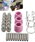 Premium Plasma Cutter Torch Consumables Kit With 10 Contact Tips And 10 Electrodes, includes metal tips, ceramic cups, and connectors.