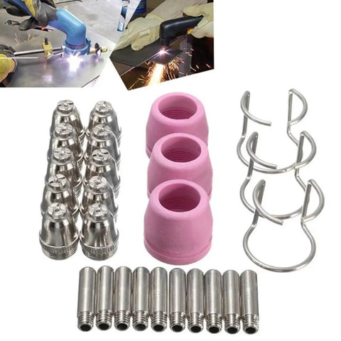 Premium Plasma Cutter Torch Consumables Kit With 10 Contact Tips And 10 Electrodes, includes metal tips, ceramic cups, and connectors.