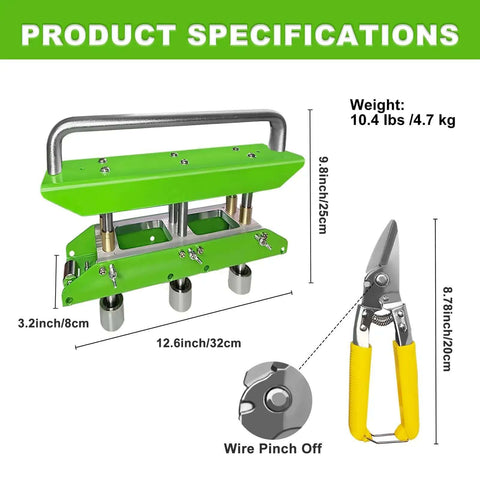 Three Station Edge Roller Bender with tin snips, dimensions and weight shown, for roofing sheet metal with 0 to 90 degree angles.