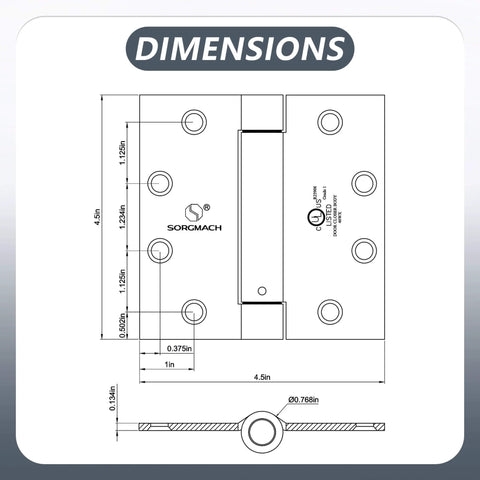 Technical drawing showing dimensions of Three Pack Four And A Half Inch Oil Rubbed Bronze Self Closing Door Hinges Auto Close