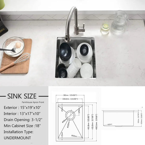 Top view of Undermount Workstation Kitchen Sink With Built In Accessories 15x19 Inch Single Bowl 16 Gauge Stainless Steel 10 Inch Deep