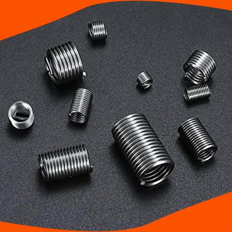 Stainless steel inserts for Robust 200 Piece Thread Repair Kit With Stainless Steel Inserts For Damaged Threads M3 To M8 on black background