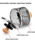 Detachable stainless steel coffee basket with cover and yellow handle button for Fresh Batch Game Changer Home Coffee Roaster.