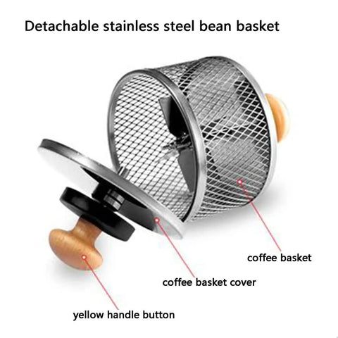 Detachable stainless steel coffee basket with cover and yellow handle button for Fresh Batch Game Changer Home Coffee Roaster.