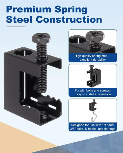 Heavy Duty Spring Steel Beam Clamps For Beams And Threaded Rods One Quarter Inch Twenty Thread Clamps closeup on blue background