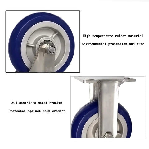 Close-up of six inch blue rubber castor wheels with stainless steel bracket for durability and silent 360 degree swivel rotation.