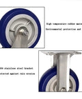 Pro Grade Rubber Castor Wheels With Rolls Like Butter Swivel Design And Thickened Bearings For Quiet Cart Gliding showing blue rubber wheel and stainless steel bracket.