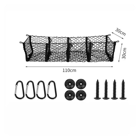 Three Compartment Hammock Cargo Net For Tesla Cybertruck 2024 Plus Trucks; 110x30cm black storage mesh with accessories.
