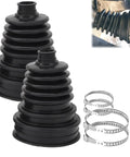 Two Piece Universal CV Boot Kit With Four Stainless Steel Clamps for 19mm to 24mm Axle Shafts, boots and clamps displayed