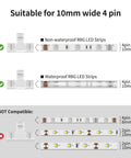 Compatibility chart for T Shape 4 Pin LED Connector Kit, Plug And Play Ready, 10 Pack 10mm Wide Unwired Solderless Gapless Adapters.