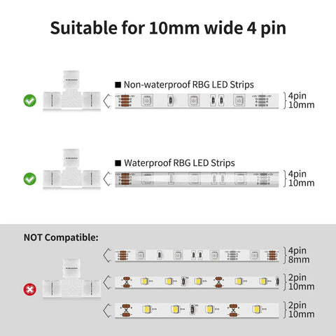 Compatibility chart for T Shape 4 Pin LED Connector Kit, Plug And Play Ready, 10 Pack 10mm Wide Unwired Solderless Gapless Adapters.