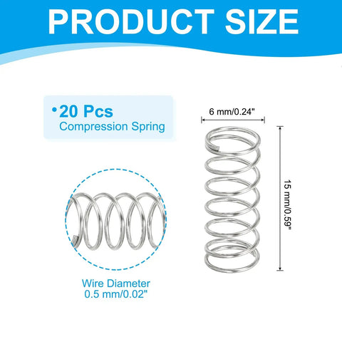 0.5mm Wire Diameter Compression Springs Set 6mm Outer Diameter 15mm Length 20 Pack Stainless Steel 304 size diagram