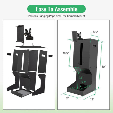 Diagram of Heavy Duty Metal Deer Feeder With Gravity Dispenser For Protein And Corn Feed, showing assembly parts and dimensions.