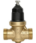 Front view of 1-inch NR3XL water pressure reducing valve, brass body with black adjustment cap and FNPT connections.