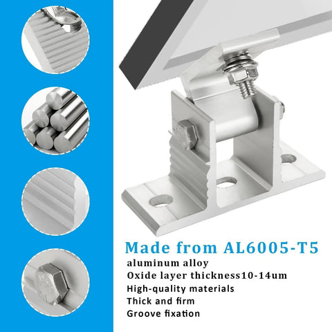 Heavy Duty Adjustable Solar Panel Tilt Mount Bracket Solid Aluminum Roof RV Boat Support Kit Fits 50W To 400W Panels close-up of AL6005-T5 materials.