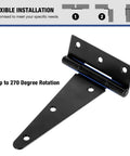 Six Inch T Strap Shed Door Hinges Heavy Duty 2 Pack With 270 Degree Rotation black finish hinge shown on white background
