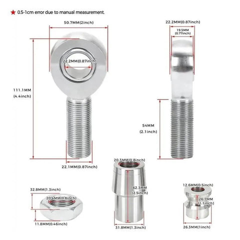 Beefy 7/8 Inch Rod End Ball Joints N30r Thread 2 Pack dimensions showing precise measurements for custom builds.