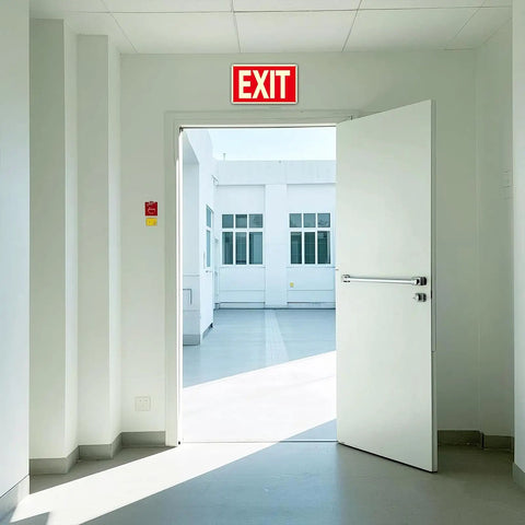 Two Pack Glow In The Dark Aluminum Exit Signs 12x7 Inches Photoluminescent Laminated For UV Weather And Fade Resistance Built Tough Easy To Spot Indoors And Outdoors For Office School Warehouse Business Fire Exit Sign above open doorway