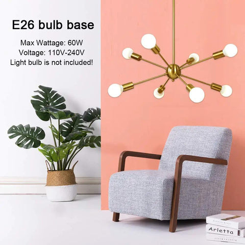 8 Light Sputnik Chandelier In Brushed Brass Pendant Lighting For Mid Century Modern Gold Starburst Ceiling Fixture.