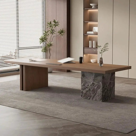 Premium Solid Wood Computer Desk For Home Office Boss Grind Zone Ergonomic Standing Workbench with unique stone pedestal base.