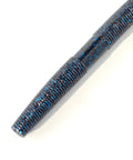 Close-up of a soft plastic bass lure from the 5 Inch Soft Plastic Bass Lures Pack 24 Count Green Pumpkin With Black Flake Pink Watermelon Double Color Natural Fall Action For Wacky Rig Texas Rig Neko Rig Versatile Freshwater Bass Fishing.