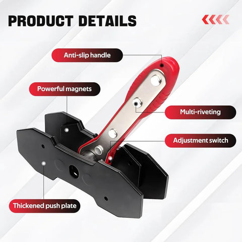 Brake caliper press tool with red handle and two steel plates, front view.