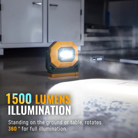Rechargeable LED Work Light 1500LM COB with magnetic base illuminating indoor space at 360-degree rotation.