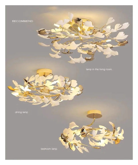 Nordic Romantic Ginkgo Leaf Pendant Lamp for Dining Room Vintage Chandelier featured in living, dining, and bedroom styles.