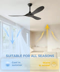 Black Ceiling Fan No Light 52 Inch For Outdoor Patios Porch Bedroom And Kitchen With Remote Noiseless 6 Speed DC Motor
