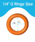 Leak Proof One Quarter Inch Pressure Washer O Rings Set For Quick Couplers That Fit M22 Connectors 100 Pack High Temperature Oil Resistant Replacement Seals Kit With Reusable Storage Case Orange, featuring a single orange O-ring with size measurements highlighted.
