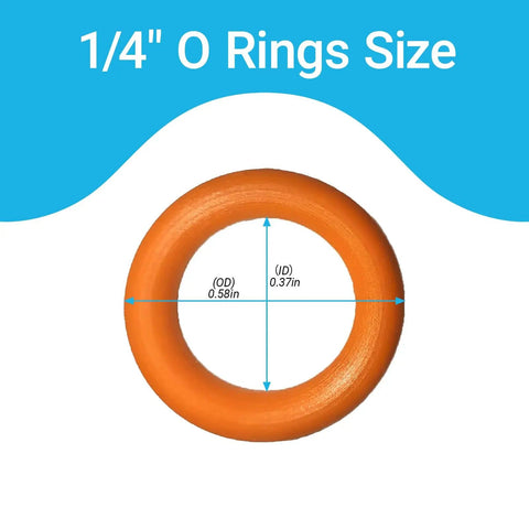 Leak Proof One Quarter Inch Pressure Washer O Rings Set For Quick Couplers That Fit M22 Connectors 100 Pack High Temperature Oil Resistant Replacement Seals Kit With Reusable Storage Case Orange, featuring a single orange O-ring with size measurements highlighted.